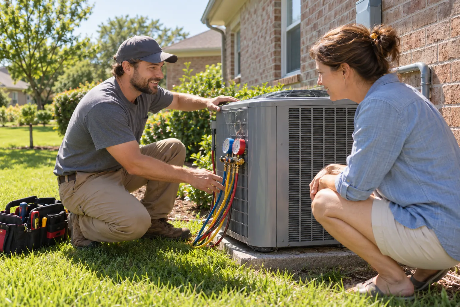 Friendly HVAC provider checking an outdoor air conditioner with a homeowner in Kenner