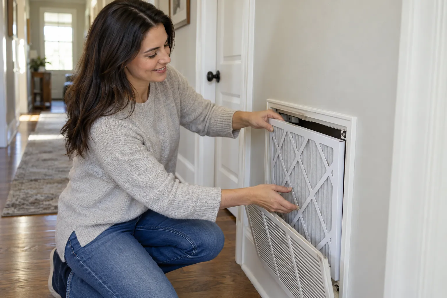 Homeowner sliding a fresh air filter into a return vent in the Kenner area
